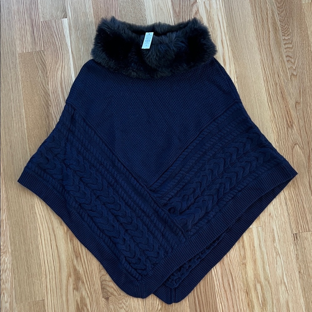 Talbots Navy Cable Knit Poncho with Faux Fur Collar
